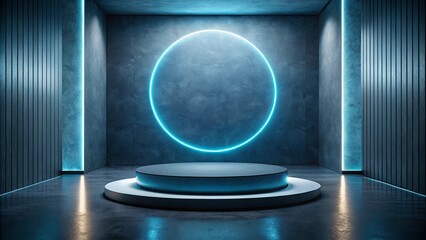 Abstract Futuristic Display Platform with Neon Circular Light and Dark Walls