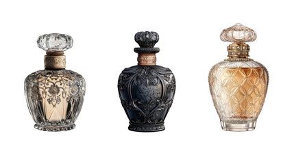 Elegant perfume bottles with intricate designs and luxurious finishes. Each bottle showcases unique craftsmanship, perfect for enhancing any vanity or collection