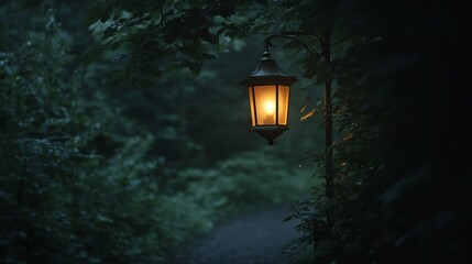 Glowing Streetlamp Illuminating a Dark Pathway Surrounded by Dense Greenery at Night