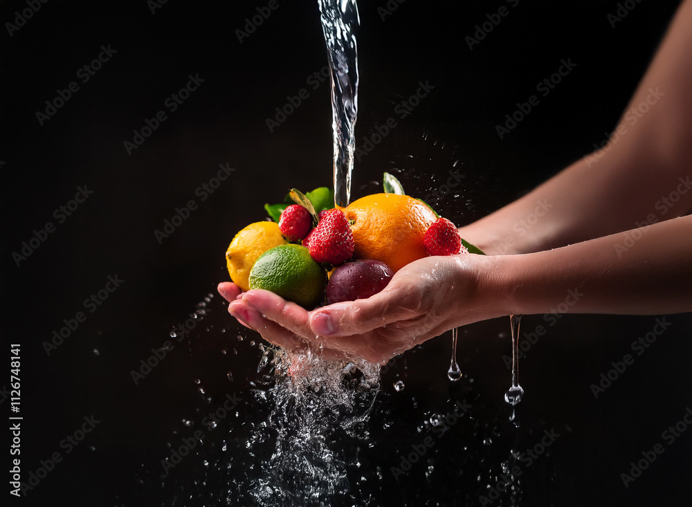 Poster a stream of water washes over a colorful assortment of fresh fruit held gently in cupped hands again