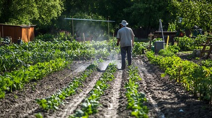 8. A farmer spraying a vegetable garden with a mixture of water and organic fertilizer