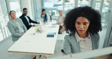 Teamwork, presentation and writing with business woman in meeting for workshop, brainstorming and...