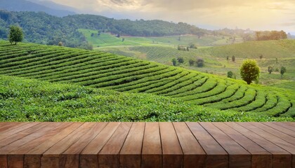 Serene Empty Wooden Table Overlooking Lush Tea Plantation Landscape A Tranquil Setting for Reflection and Connection with Nature in a Picturesque Environment