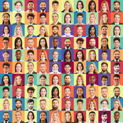 Junge Leute aus verschiedenen Branchen vor bunten Kacheln