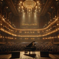 Elegant Grand Piano on Stage in Opulent Concert Hall with Ornate Architecture and Spectacular Chandelier Overlooking Audience Seatingconcert hall