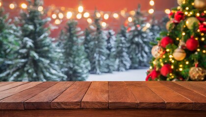 Empty Wooden Table with a Festive Christmas Theme in the Background, Perfect for Holiday Gatherings, Celebrations, and Seasonal Decor, Evoking Warmth and Joy of the Christmas Spirit