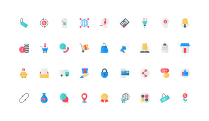 Ecommerce, marketing campaign for online store sales icon set. Buy button, shopping cart on mobile phone screen, operator support service, gift and order delivery flat elements vector illustration