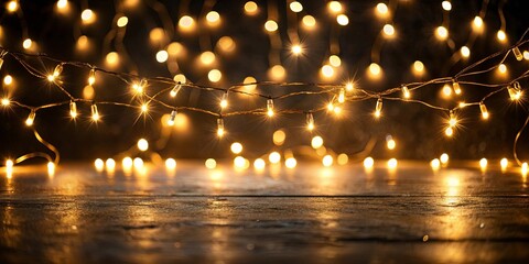 Obraz premium Warm Golden String Lights Above Dark Wooden Surface