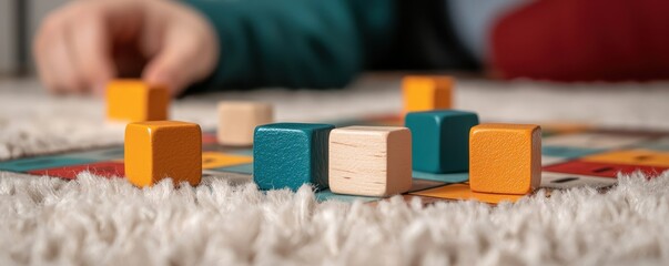 70s nostalgia trend concept. Colorful game pieces on a board with a soft carpet in the background, suggesting a fun family game night.