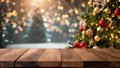 Empty Wooden Table with Christmas Theme in Background A Cozy Holiday Setting Perfect for Festive Gatherings, Celebrations, and Seasonal Decor Inspiration for Your Home