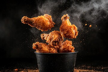 Golden crispy fried chicken falling, capturing the dynamic movement and rich texture for an appetizing dish