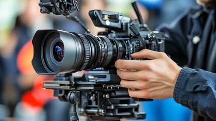 Professional Videographer Operating Camera on Film Set for High-Quality Footage Capture