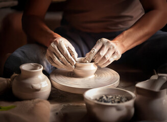 Close-up of hands shaping clay on a pottery wheel,  creating a small bowl. Other ceramic pieces and clay are nearby, showing the process of pottery making.