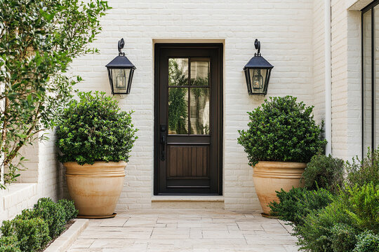 A front door framed by two large terracotta pots with boxwood, flanked on either side by wall sconces. The entrance is set against an off-white brick exterior and features black steel windows.