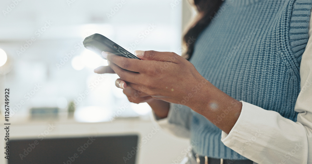 Poster hands, cellphone and businesswoman in office with typing for email, communication or networking. tec