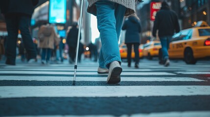 Assisting an Elderly Person with Walking Stick in Busy Urban Street Scene