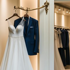 wedding dress and blue male suit on hangers in the wedding store