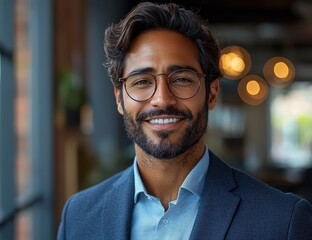 Obraz premium Indian businessman in a suit and glasses, smiling against an urban background. 