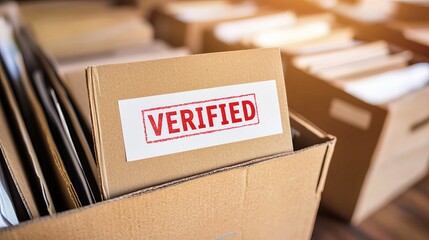 Close-up of a cardboard box with 'Verified' label among documents indicating organization and efficiency.