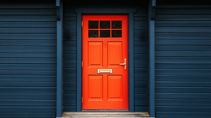 Obraz premium Bold Orange Door on Deep Blue Building with Topaz Accents in a Wide Perspective View