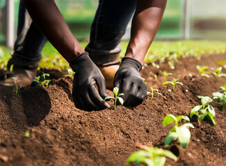 Fototapeta premium Close-up of hands in black gloves gently planting a seedling in rich dark soil. Sunlight illuminates the scene, showcasing the careful nurturing of new growth in a garden.
