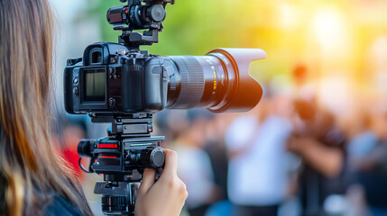 Professional Videographer Capturing Footage on Film Set with High-Quality Camera Equipment