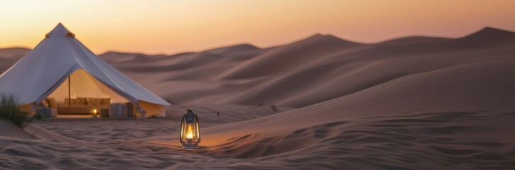 Illuminated tent and lantern creating a tranquil oasis in the desert at sunset, exotic travel holiday