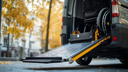 Wheelchair Lift Assisting Entry Into Vehicle with Wide Accessible Ramp in Autumn Setting