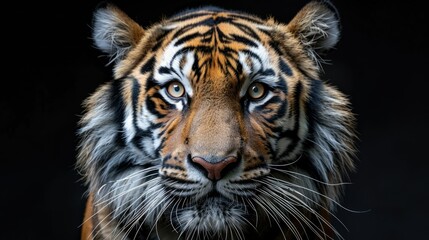 Fototapeta premium Close-up portrait of a majestic tiger against a black background.