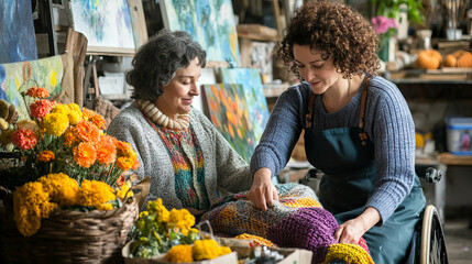 Obraz premium Encouraging Caregiver Assisting Disabled Person in Creative Activity Among Colorful Flower Arrangements