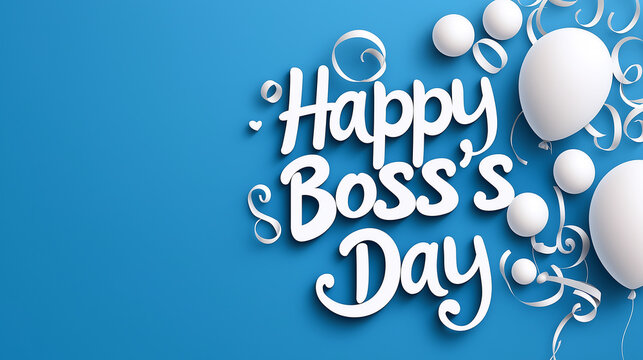 Happy Boss Day celebration with white balloons and decorative swirls on blue background. cheerful design perfect for expressing appreciation and gratitude