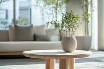 Small plant growing in modern minimalist living room decor
