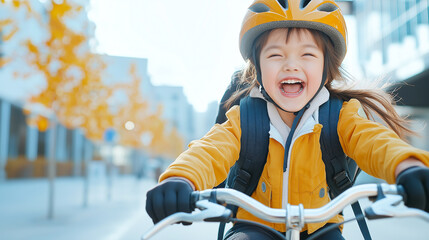 Naklejka premium Happy child girl riding bicycle in sunny urban environment, wearing helmet and bright jacket. Her joyful expression captures essence of childhood adventure