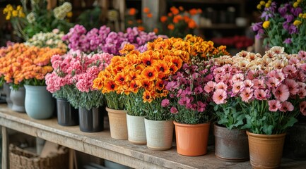 Colorful flower bouquets in pots on wooden table.