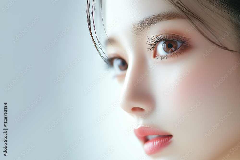 Poster 若い綺麗なアジア人女性モデルの横顔。美しい目元と肌にフォーカスした美容ポートレート。
