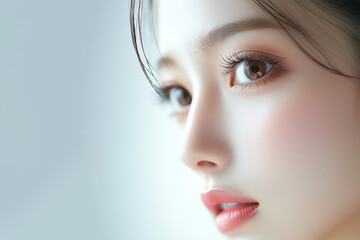 若い綺麗なアジア人女性モデルの横顔。美しい目元と肌にフォーカスした美容ポートレート。	