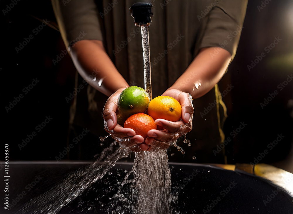 Poster close-up of hands gently washing a vibrant assortment of citrus fruits under a flowing tap. the wate