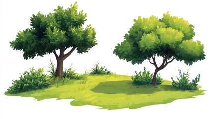 Fototapeta premium Lush Green Trees on a Vibrant Grass Patch, Ideal for Nature Illustrations, Landscapes, and Ecological Concepts in Digital Art Projects