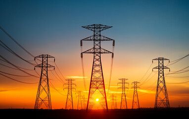 Silhouetted power lines against a stunning sunset, symbolizing energy and infrastructure.
