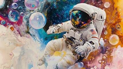 Fototapeta premium Astronaut Amongst Colorful Cosmic Bubbles: A Digital Painting. AI Generated
