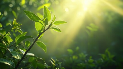 Sunlight illuminates fresh green leaves in a lush forest nature photography peaceful setting