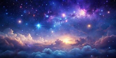 Celestial Sunrise A Dreamlike Panorama of Stars, Nebulae, and Clouds above a Golden Horizon