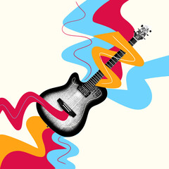 Electric guitar radiating bold, colorful waves, bringing energy of rock music. Vibrant music scene. Creative art collage. Concept of music, festival, creativity, abstract artwork