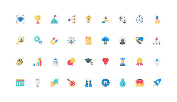 Motivation and ambition of corporate company leader, leadership strategy and partnership color icon set. Career management, vision and briefcase of businessman flat elements vector illustration