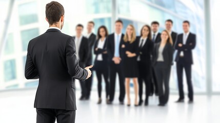 Fototapeta premium Confident businessman addresses a diverse team in a modern corporate setting.