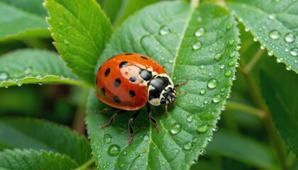Fototapeta premium Close-up of a ladybug crawling on a fresh green leaf, with morning dew droplets and soft, natural lighting