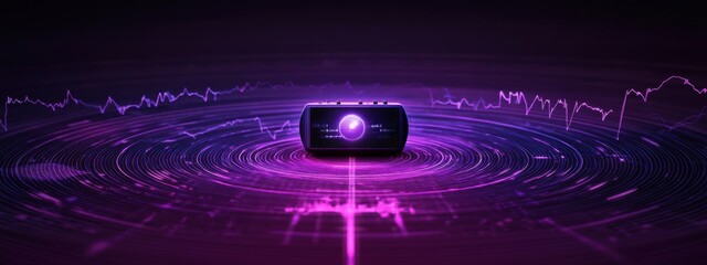Futuristic Music Player Device on Vibrant Purple Digital Waves Background, Abstract Sound Visualization, Technological Design, Innovation