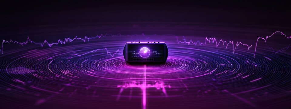 Futuristic Music Player Device on Vibrant Purple Digital Waves Background, Abstract Sound Visualization, Technological Design, Innovation