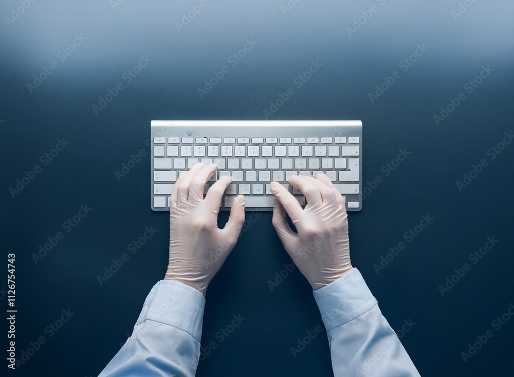 Aufkleber Overhead view of gloved hands typing on a wireless keyboard, positioned on a dark surface.  Clean, sterile, and focused on the task at hand.