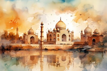 Taj Mahal India Watercolor painting Abstract background.
